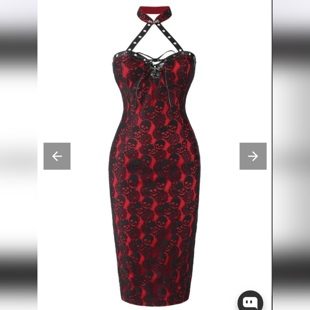 Red Skull-Print Halter Lace-Up Midi Dress